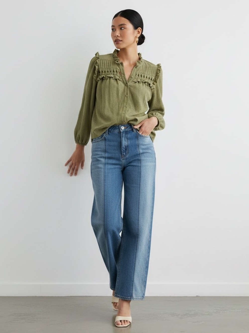 1522 • Olive Cotton Gauze Open Work Yoke Ruffle Trim Lined Blouse - Picture 7 of 8